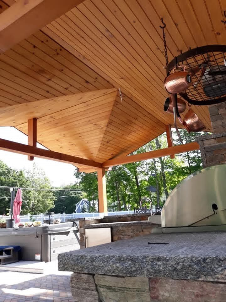 Cedar pavilion ceiling with outdoor kitchen